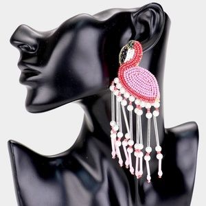 Long Beaded Pink Flamingo Pearl Dangle Earrings